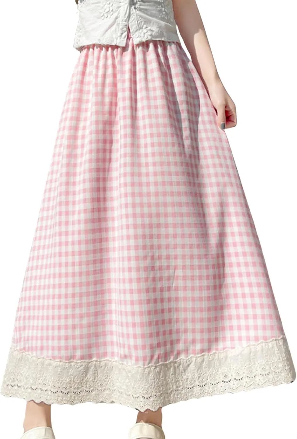 Women's High Waist Casual Plaid Gingham Skirt Lace Eyelet Ruffle Hem A Line Maxi Skirt