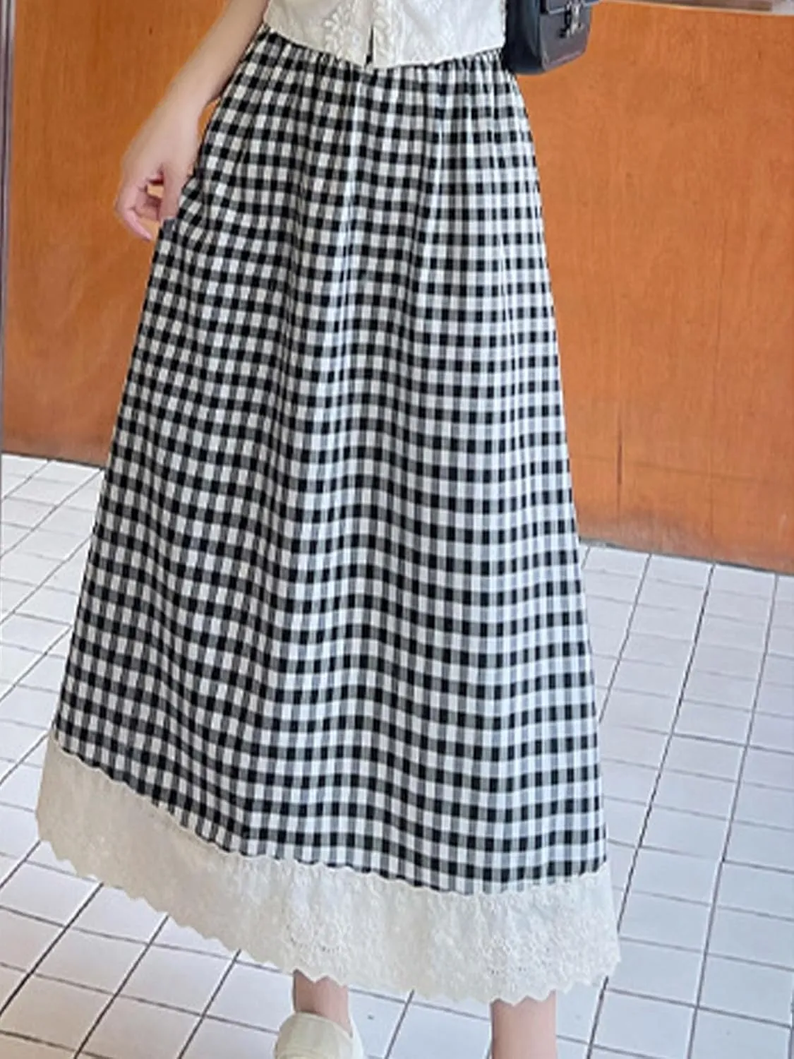 Women's High Waist Casual Plaid Gingham Skirt Lace Eyelet Ruffle Hem A Line Maxi Skirt