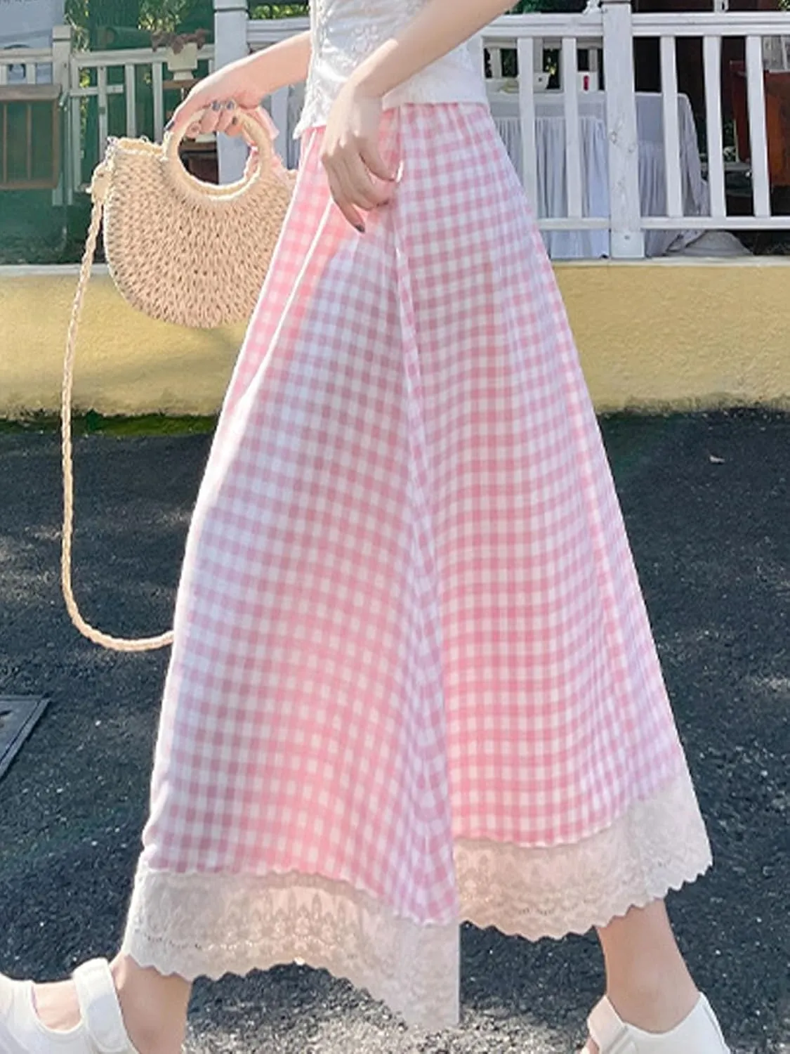 Women's High Waist Casual Plaid Gingham Skirt Lace Eyelet Ruffle Hem A Line Maxi Skirt