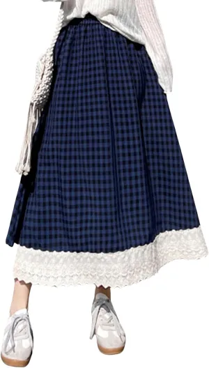 Women's High Waist Casual Plaid Gingham Skirt Lace Eyelet Ruffle Hem A Line Maxi Skirt