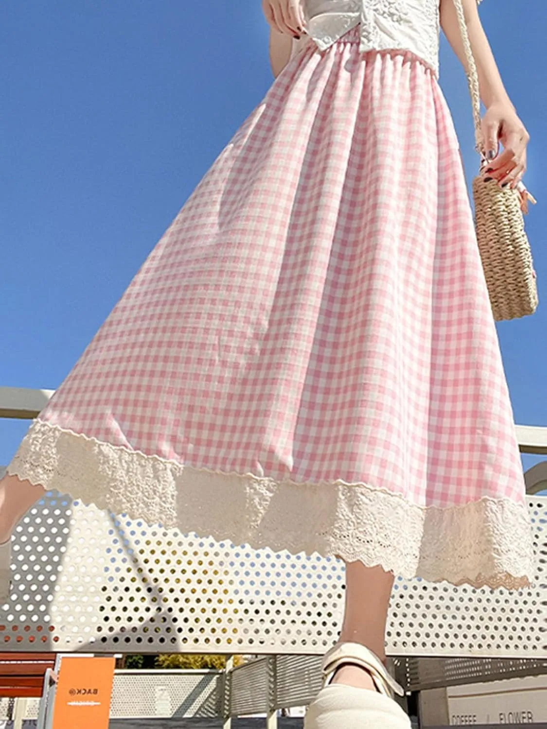Women's High Waist Casual Plaid Gingham Skirt Lace Eyelet Ruffle Hem A Line Maxi Skirt