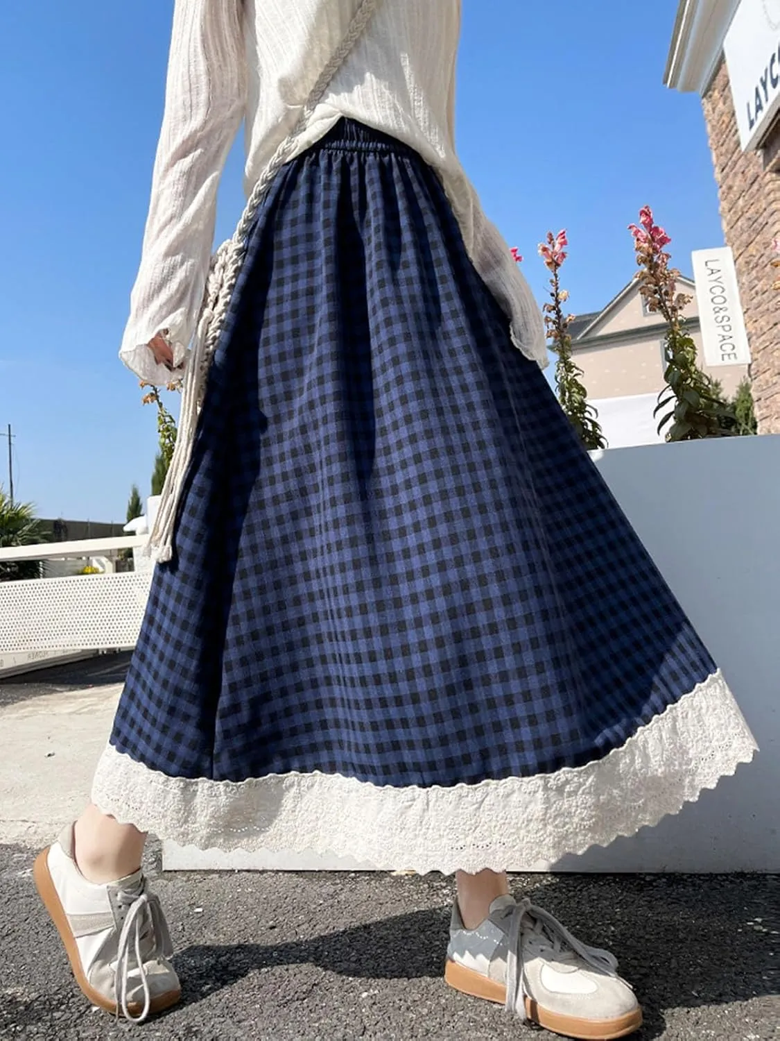 Women's High Waist Casual Plaid Gingham Skirt Lace Eyelet Ruffle Hem A Line Maxi Skirt