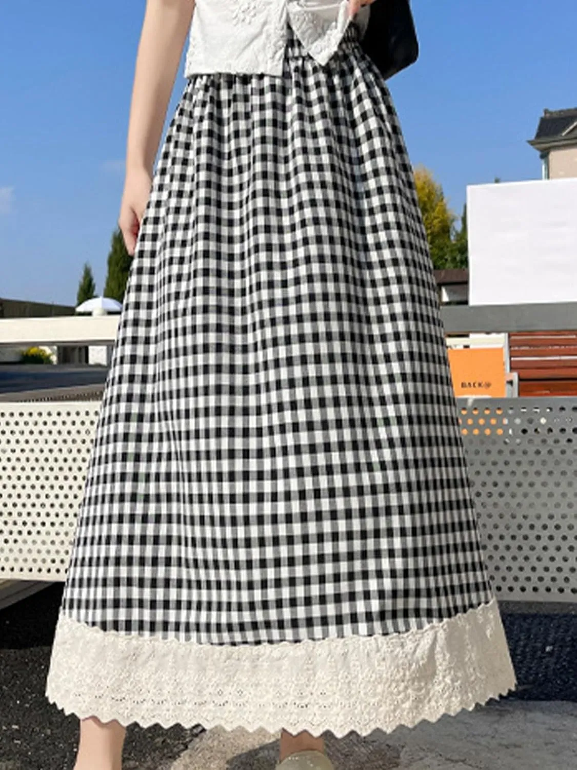 Women's High Waist Casual Plaid Gingham Skirt Lace Eyelet Ruffle Hem A Line Maxi Skirt