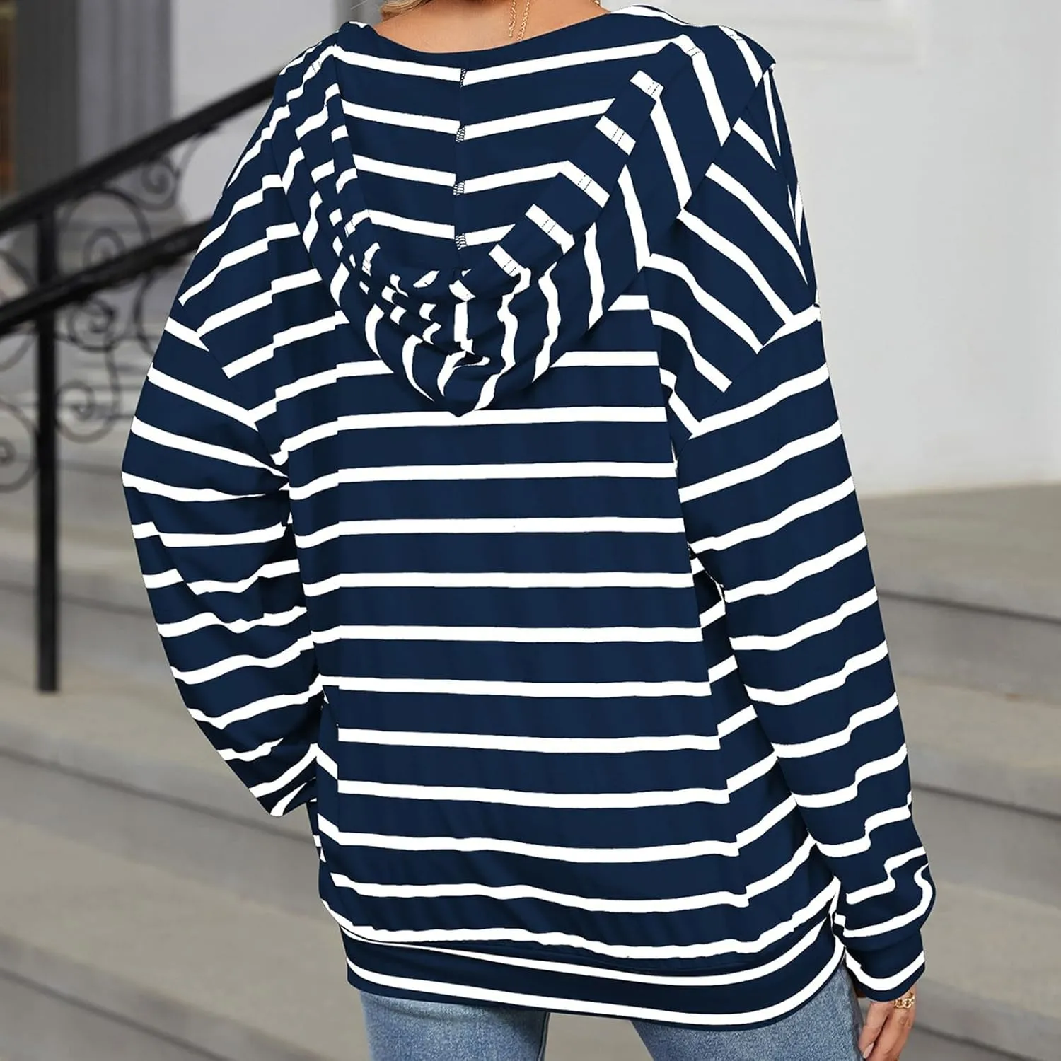 WomenS Hoodie Striped Color Block Long Sleeve V Neck Sweatshirts Casual Loose Drawstring Pullover Fall Tops