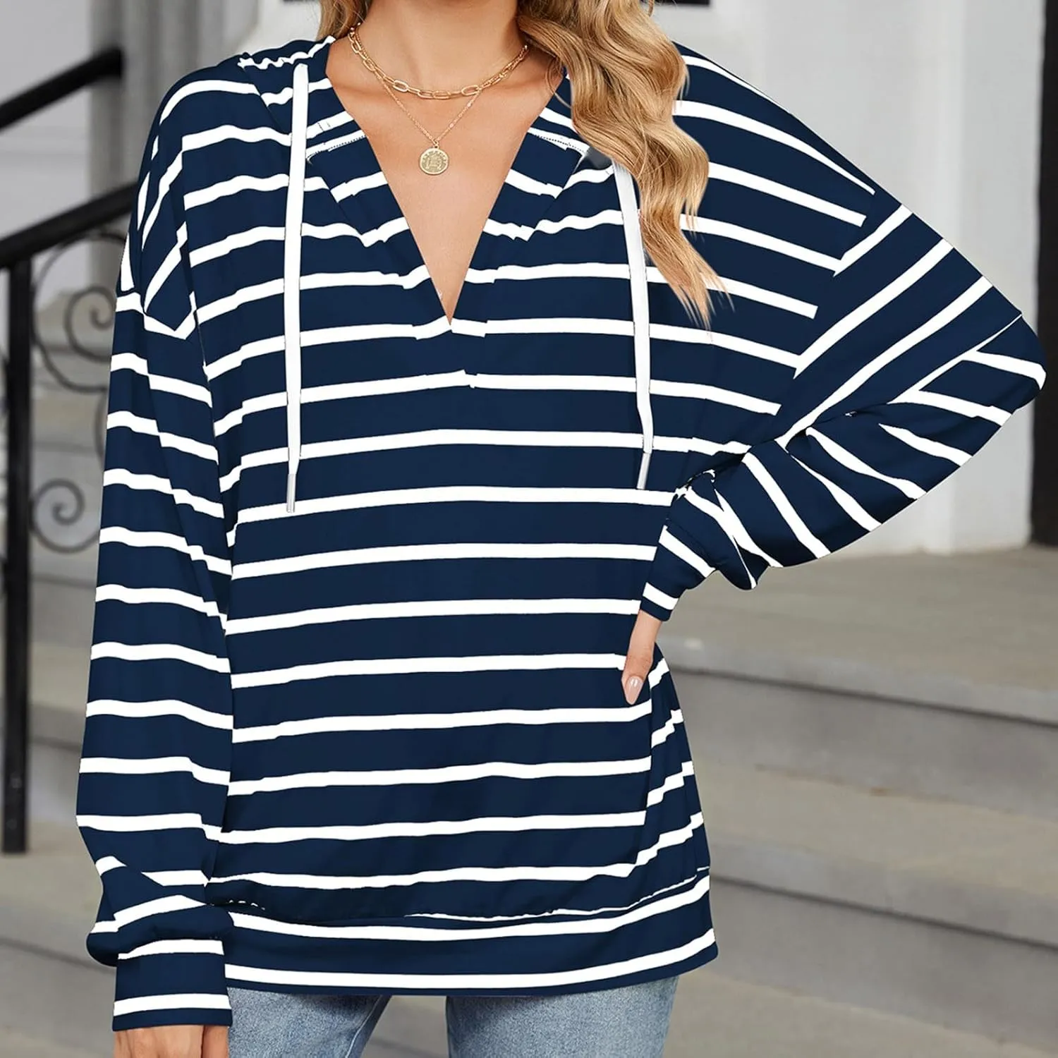 WomenS Hoodie Striped Color Block Long Sleeve V Neck Sweatshirts Casual Loose Drawstring Pullover Fall Tops