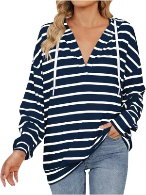 WomenS Hoodie Striped Color Block Long Sleeve V Neck Sweatshirts Casual Loose Drawstring Pullover Fall Tops
