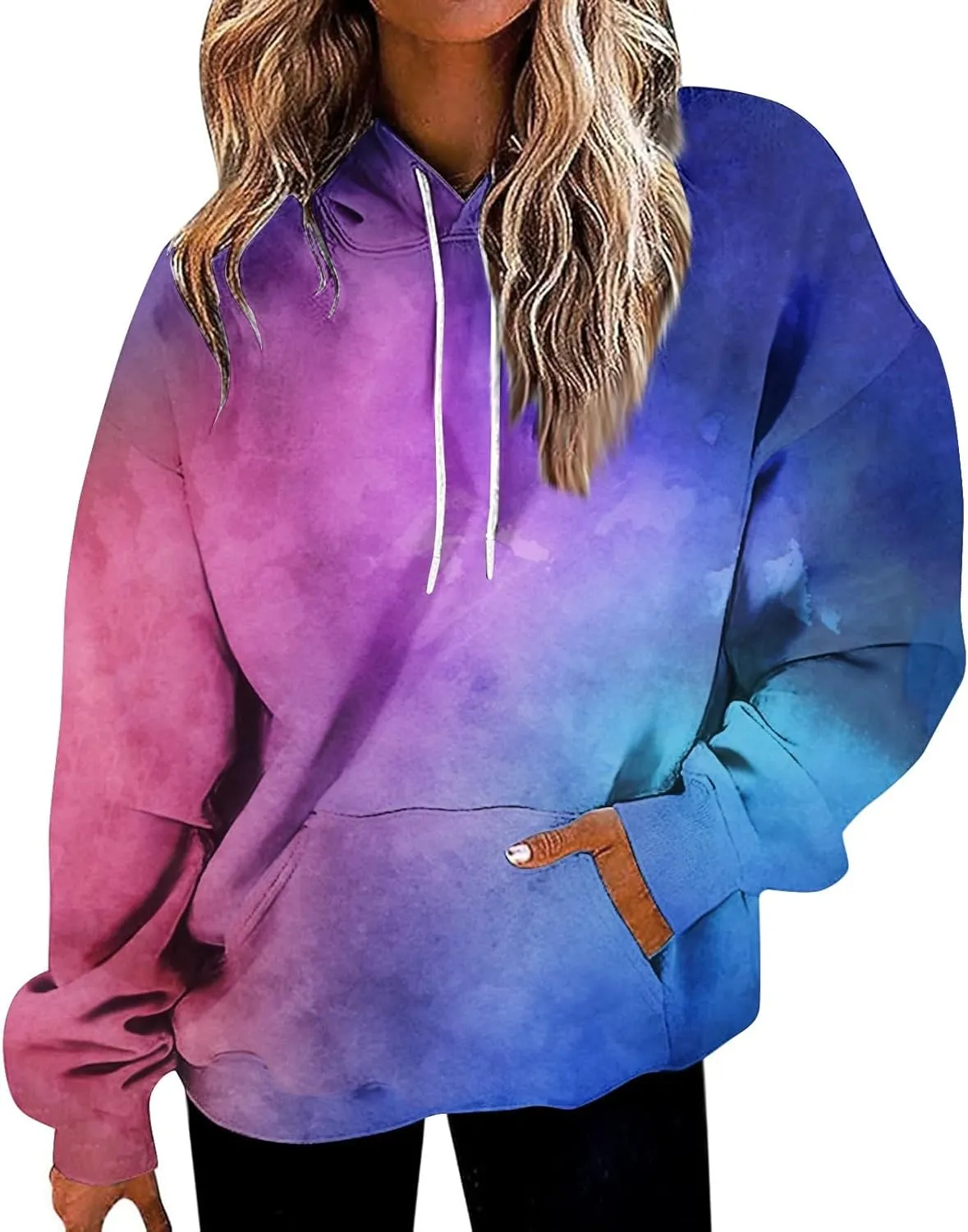 Womens Hoodies Long Sleeve Loose Sweatshirt Graphic Top Drawstring Pullover Hooded Hoodie Fall Outfits with Pocket