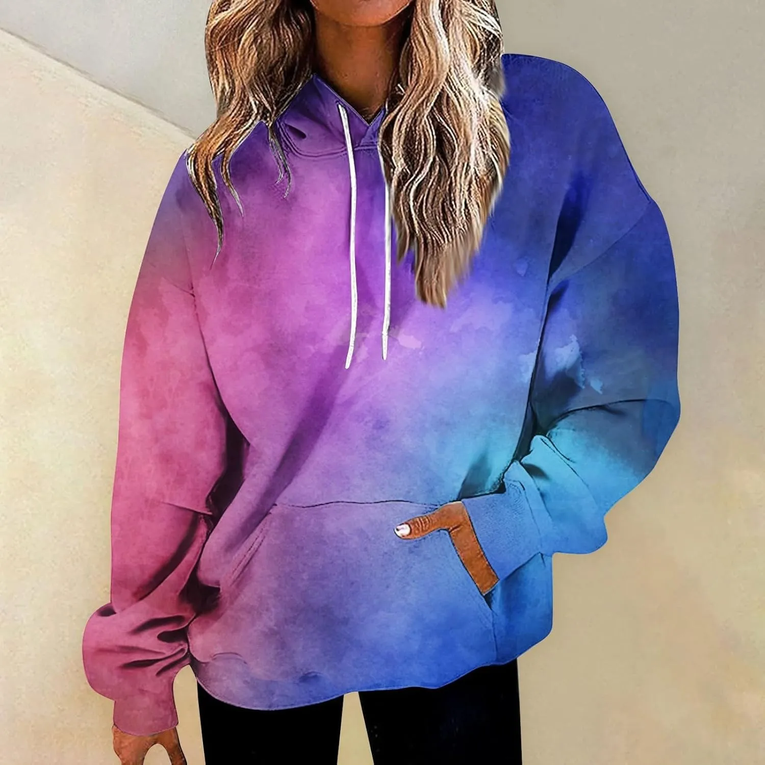 Womens Hoodies Long Sleeve Loose Sweatshirt Graphic Top Drawstring Pullover Hooded Hoodie Fall Outfits with Pocket