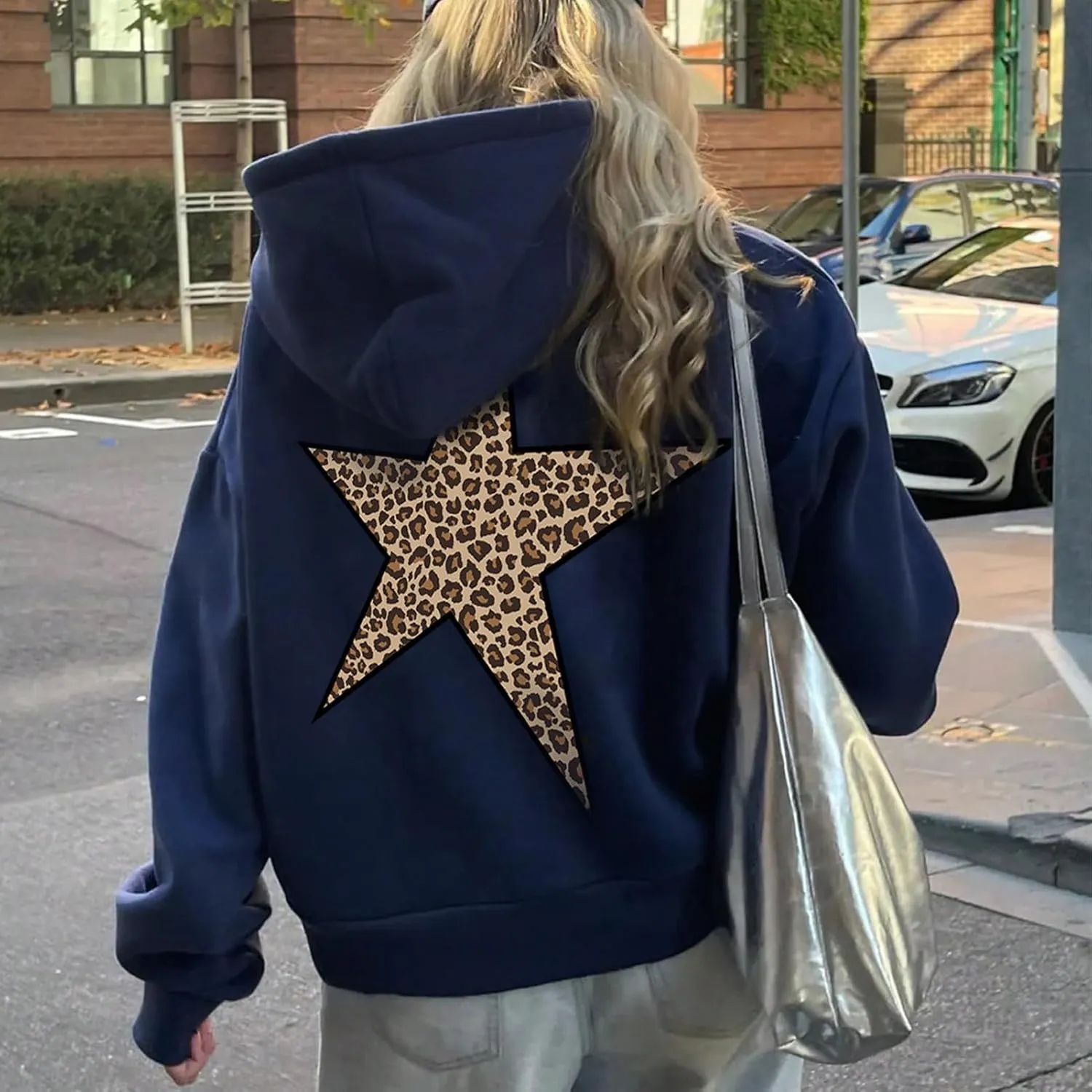 Womens Leopard Star Graphic Hoodie Oversized Y2K Cheetah Print Hooded Casual Long Sleeve Sweatshirt Unisex Pullover