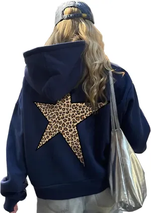 Womens Leopard Star Graphic Hoodie Oversized Y2K Cheetah Print Hooded Casual Long Sleeve Sweatshirt Unisex Pullover
