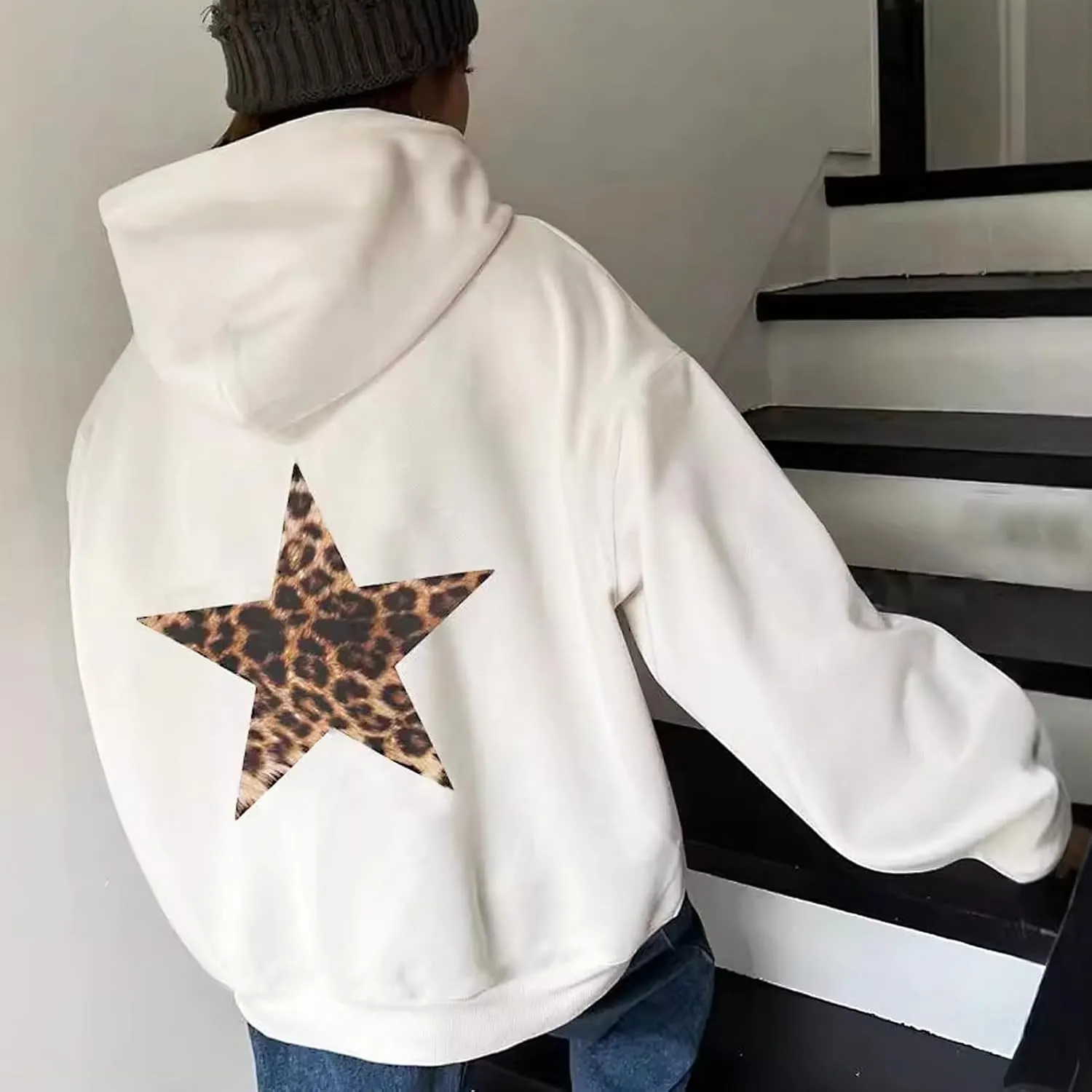 Womens Leopard Star Graphic Hoodie Oversized Y2K Cheetah Print Hooded Casual Long Sleeve Sweatshirt Unisex Pullover