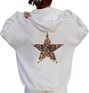 Womens Leopard Star Graphic Hoodie Oversized Y2K Cheetah Print Hooded Casual Long Sleeve Sweatshirt Unisex Pullover