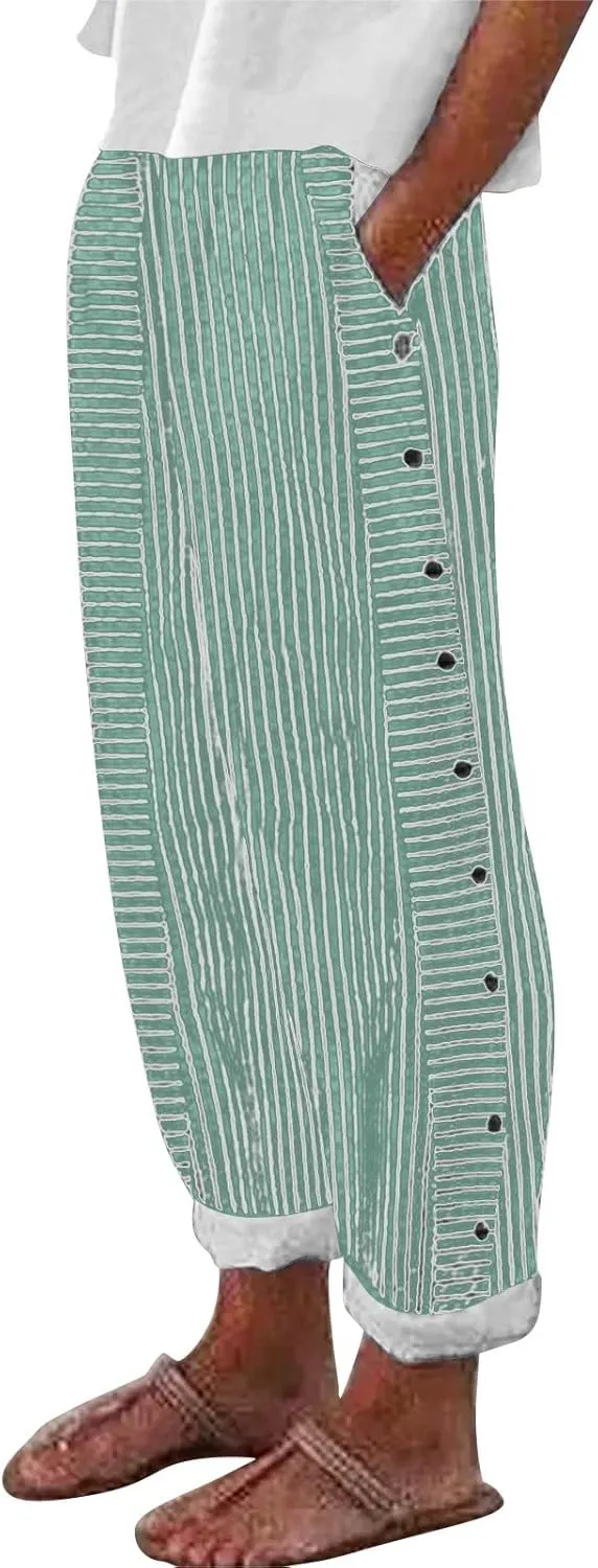 Women's Linen Pants 2025 Summer Pants for Women Casual Stripe Print Elastic Waist Straight Leg Comfy Trousers