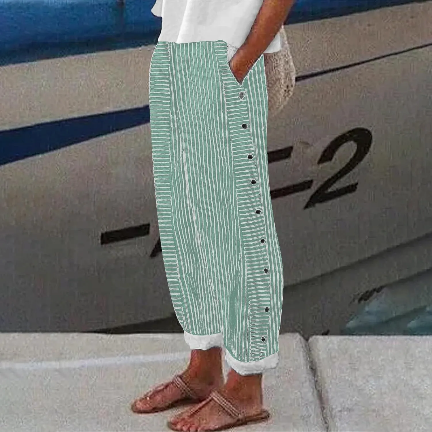 Women's Linen Pants 2025 Summer Pants for Women Casual Stripe Print Elastic Waist Straight Leg Comfy Trousers