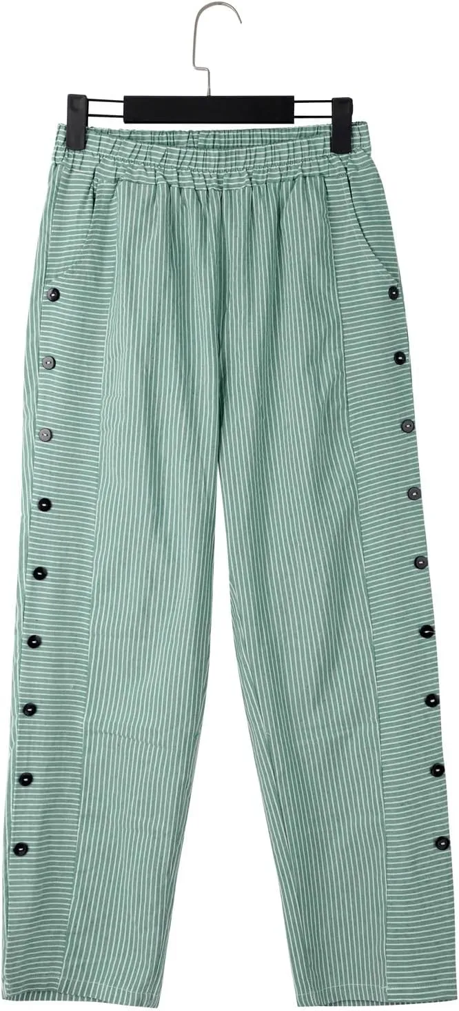 Women's Linen Pants 2025 Summer Pants for Women Casual Stripe Print Elastic Waist Straight Leg Comfy Trousers