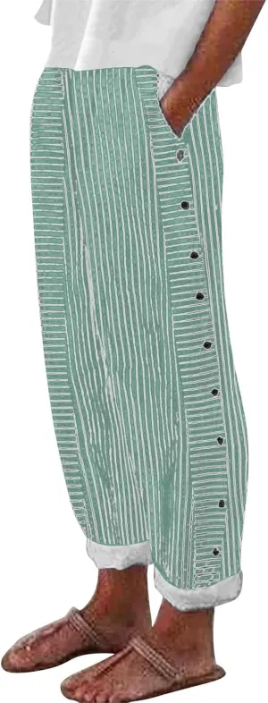 Women's Linen Pants 2025 Summer Pants for Women Casual Stripe Print Elastic Waist Straight Leg Comfy Trousers