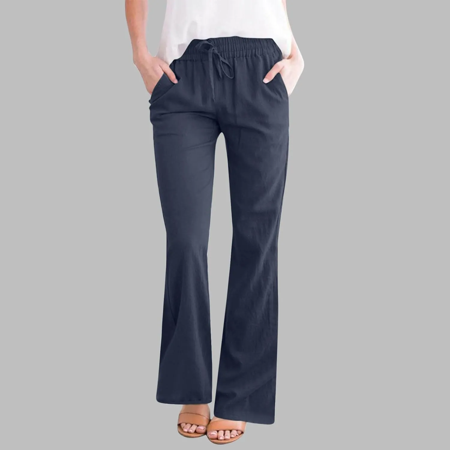 Womens Linen Pants Business Casual High Waist Drawstring Wide Leg Palazzo Pants Beach Vacation Trousers with Pockets