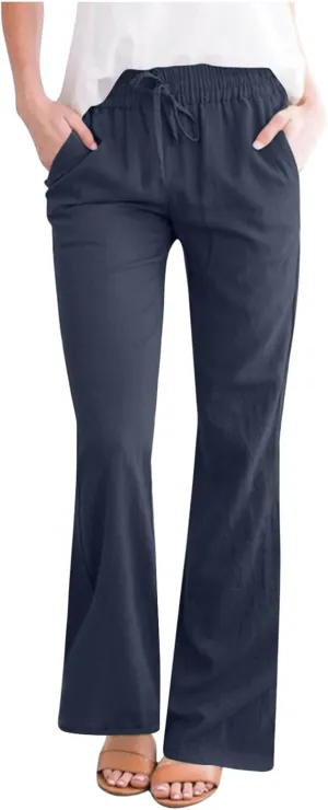 Womens Linen Pants Business Casual High Waist Drawstring Wide Leg Palazzo Pants Beach Vacation Trousers with Pockets