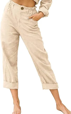Womens Linen Pants Elastic High Waist Capri Pants 2024 Casual Summer Pants Straight Leg Cropped Trousers with Pocket