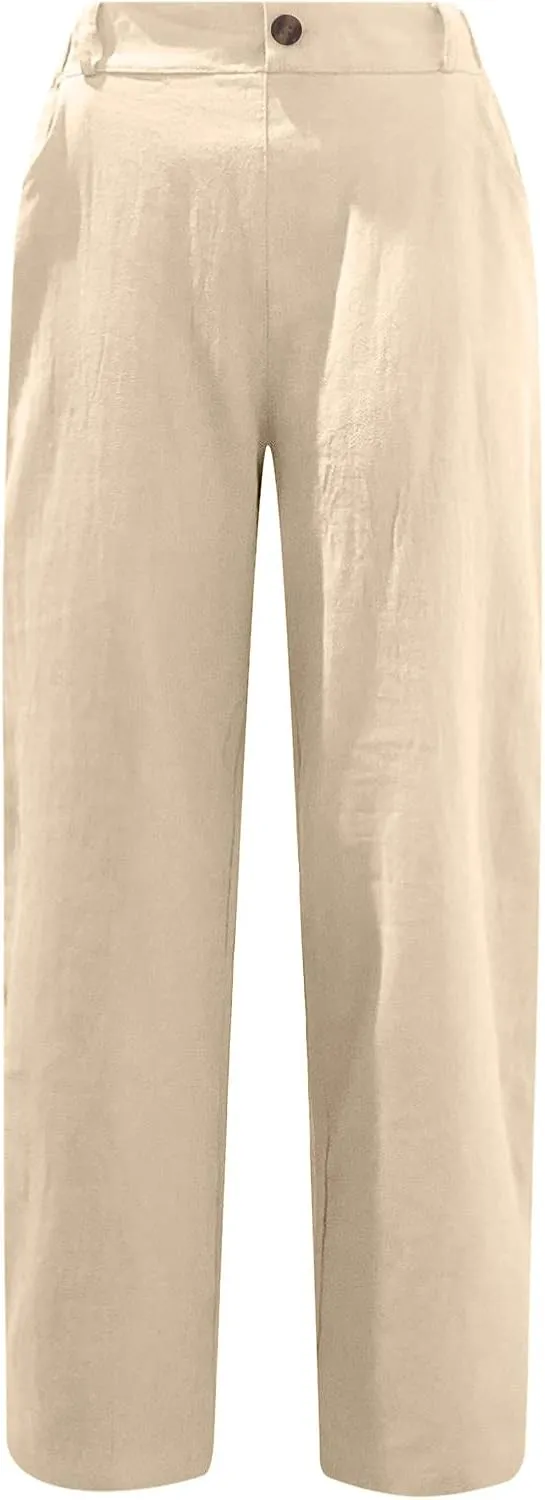 Womens Linen Pants Elastic High Waist Capri Pants 2024 Casual Summer Pants Straight Leg Cropped Trousers with Pocket
