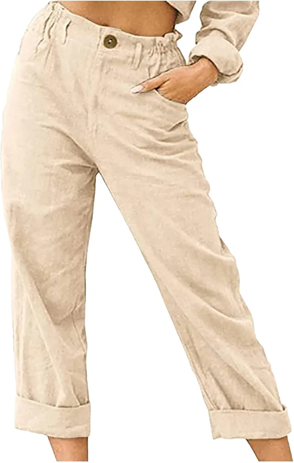 Womens Linen Pants Elastic High Waist Capri Pants 2024 Casual Summer Pants Straight Leg Cropped Trousers with Pocket