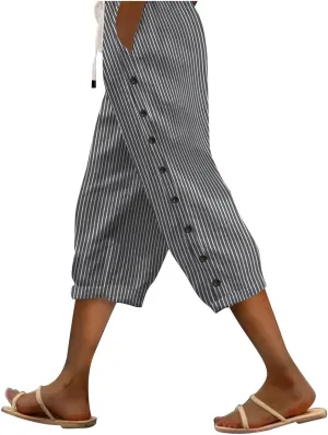 Womens Linen Pants Summer Casual Harem Pants Trendy Wide Leg Trousers Elastic Waist Loose Fit Palazzo with Pockets