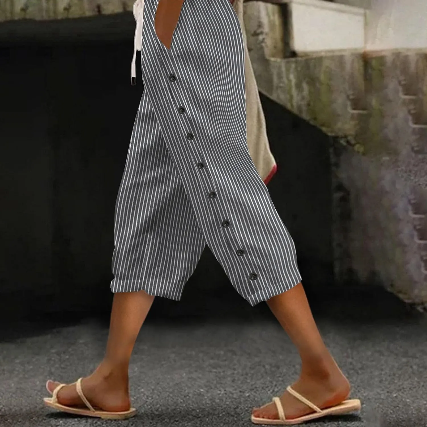 Womens Linen Pants Summer Casual Harem Pants Trendy Wide Leg Trousers Elastic Waist Loose Fit Palazzo with Pockets