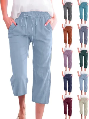 Womens Linen Pants Summer Plus Size Beach Volleyball Pants Cropped Elastic Waist Wide Leg Lounge Pants with Pockets