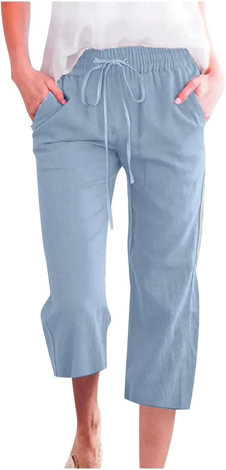Womens Linen Pants Summer Plus Size Beach Volleyball Pants Cropped Elastic Waist Wide Leg Lounge Pants with Pockets