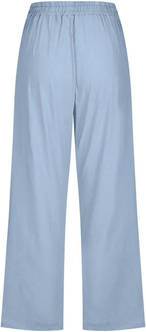 Womens Linen Pants Summer Plus Size Beach Volleyball Pants Cropped Elastic Waist Wide Leg Lounge Pants with Pockets