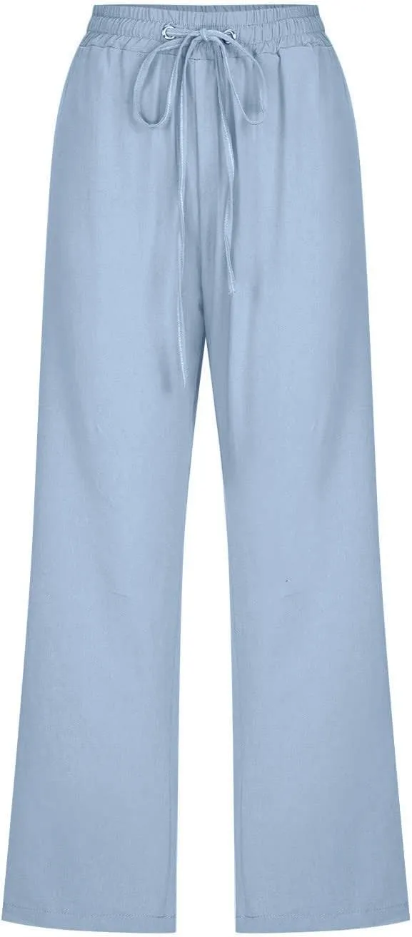 Womens Linen Pants Summer Plus Size Beach Volleyball Pants Cropped Elastic Waist Wide Leg Lounge Pants with Pockets