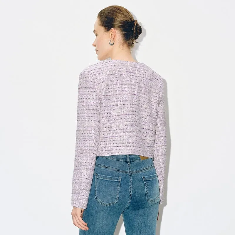 Women's Long Sleeve Cropped Tweed Jacket with Pocket Button Slim Fit Work Office Short Tweed Blazer