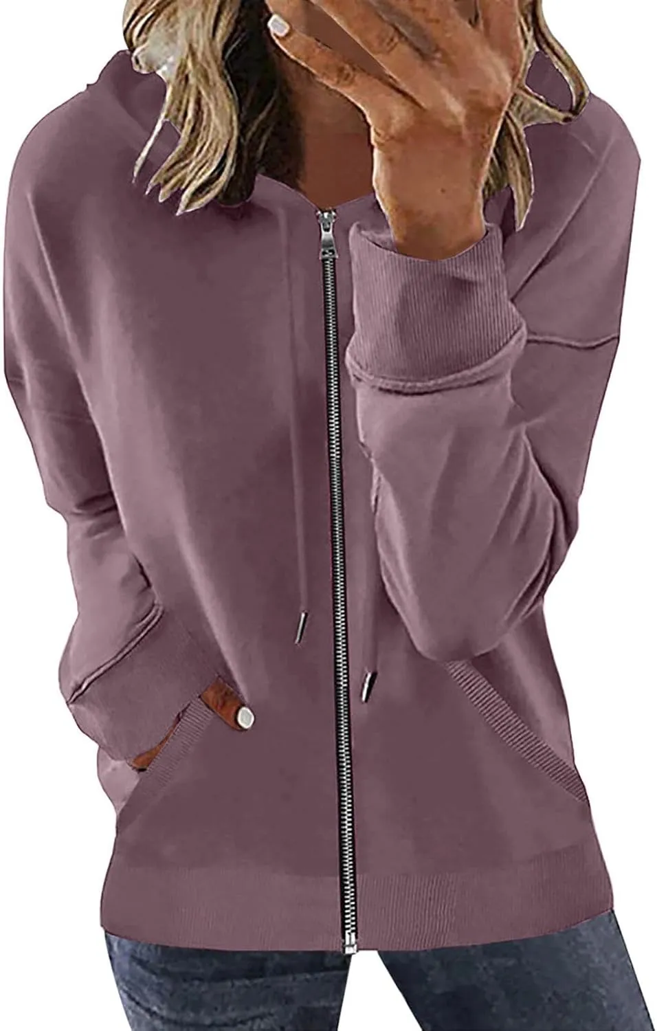 Women's Loose Zip Up Hoodie Oversized Long Sleeve Solid Drawstring Hooded Sweatshirt Jackets Y2K Casual Outwear