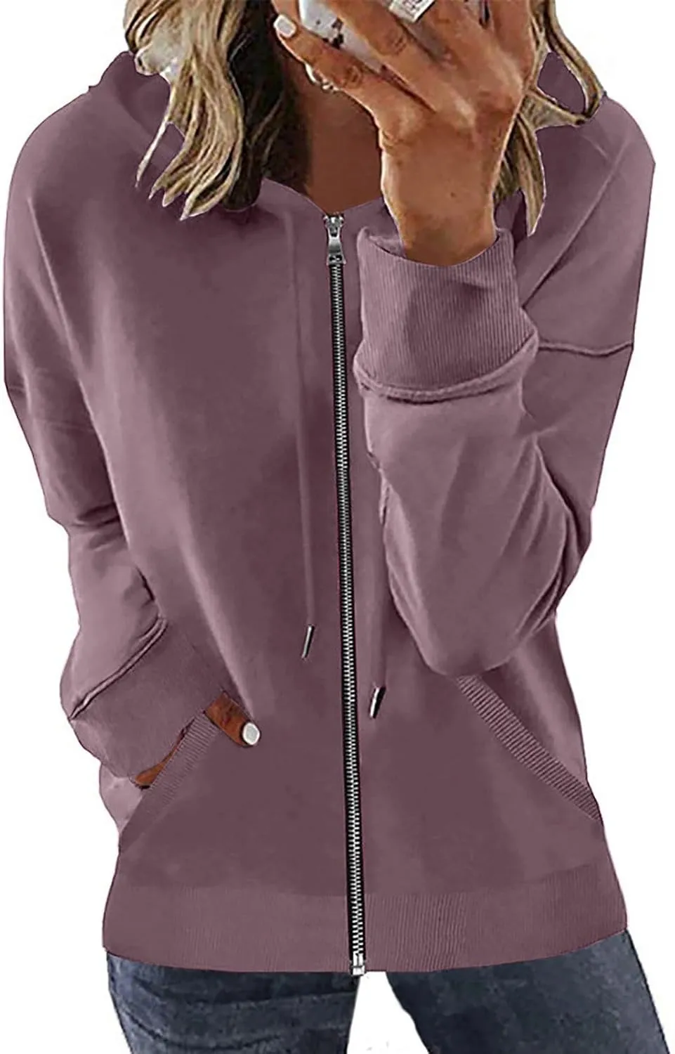 Women's Loose Zip Up Hoodie Oversized Long Sleeve Solid Drawstring Hooded Sweatshirt Jackets Y2K Casual Outwear