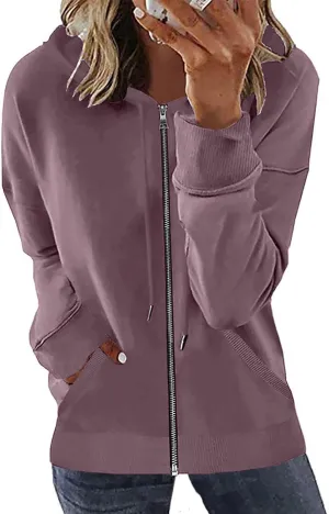 Women's Loose Zip Up Hoodie Oversized Long Sleeve Solid Drawstring Hooded Sweatshirt Jackets Y2K Casual Outwear