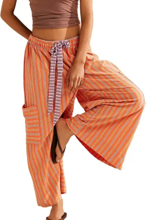 Women's Low Rise Striped Wide Leg Pants Loose Fit Drawstring Waist Striped Lounge Palazzo Pants with Pockets