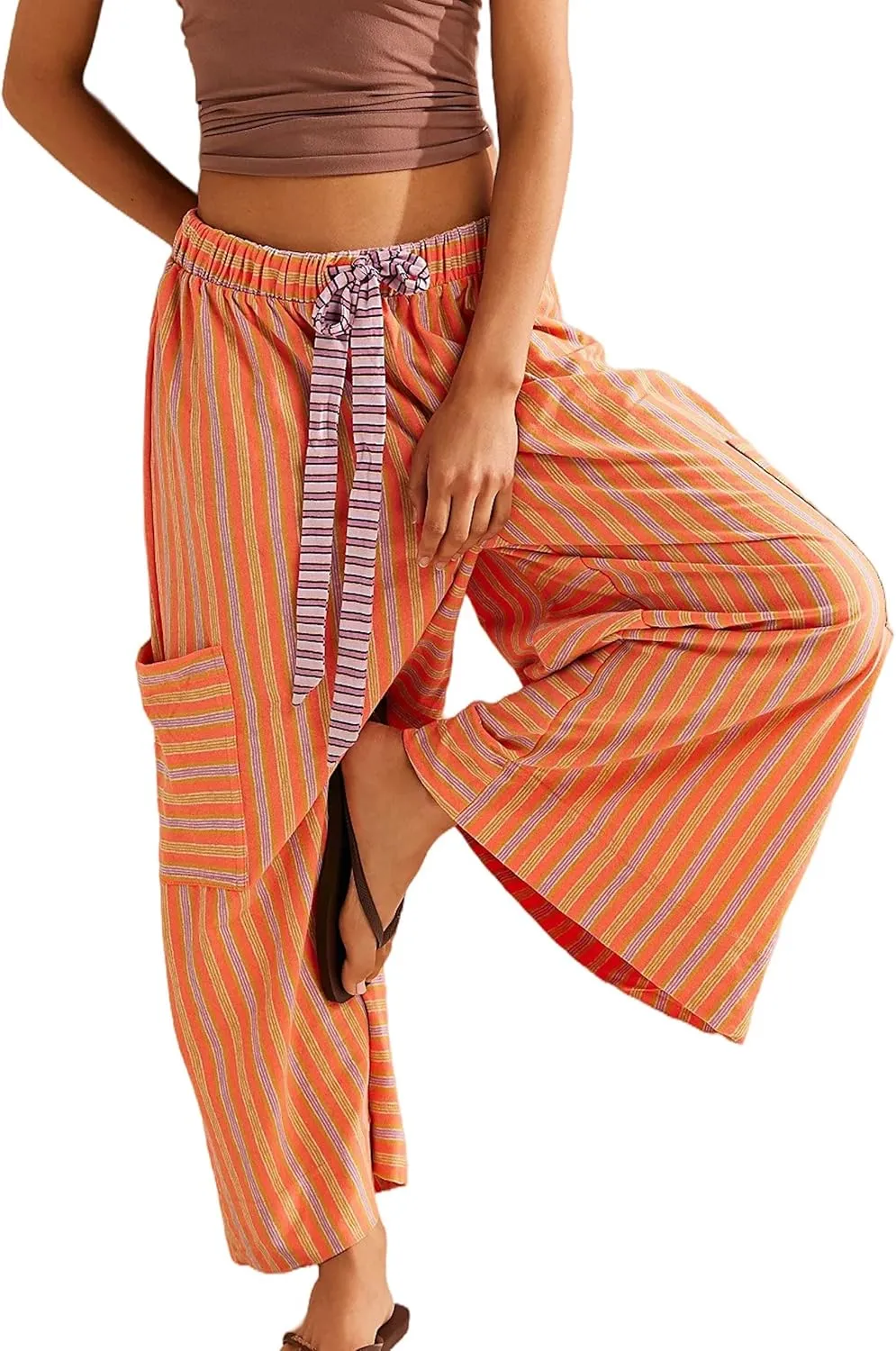Women's Low Rise Striped Wide Leg Pants Loose Fit Drawstring Waist Striped Lounge Palazzo Pants with Pockets