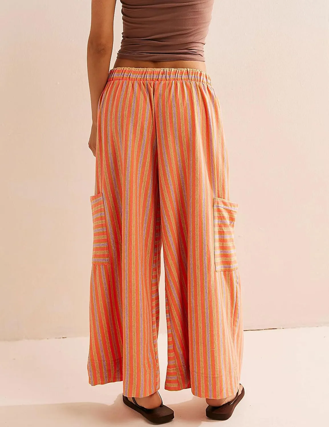 Women's Low Rise Striped Wide Leg Pants Loose Fit Drawstring Waist Striped Lounge Palazzo Pants with Pockets