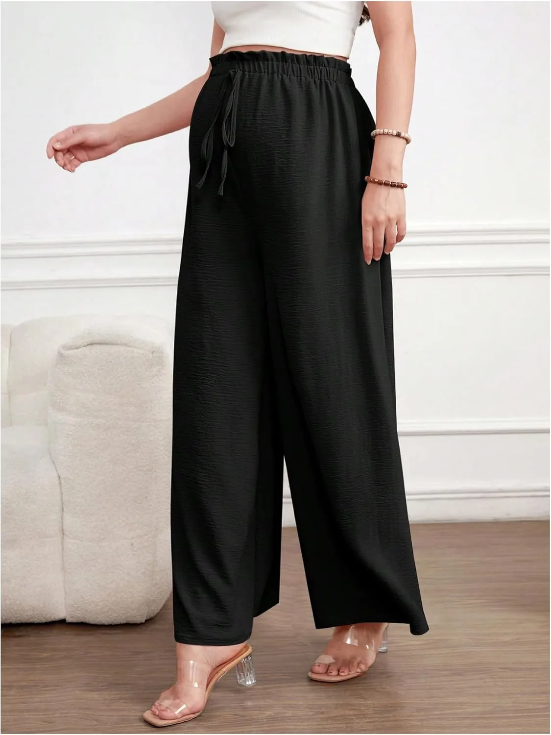 Women's Maternity Elastic High Waist Pants Knot Front Wide Leg Pregnancy Pants