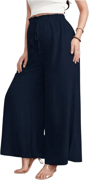 Women's Maternity Elastic High Waist Pants Knot Front Wide Leg Pregnancy Pants