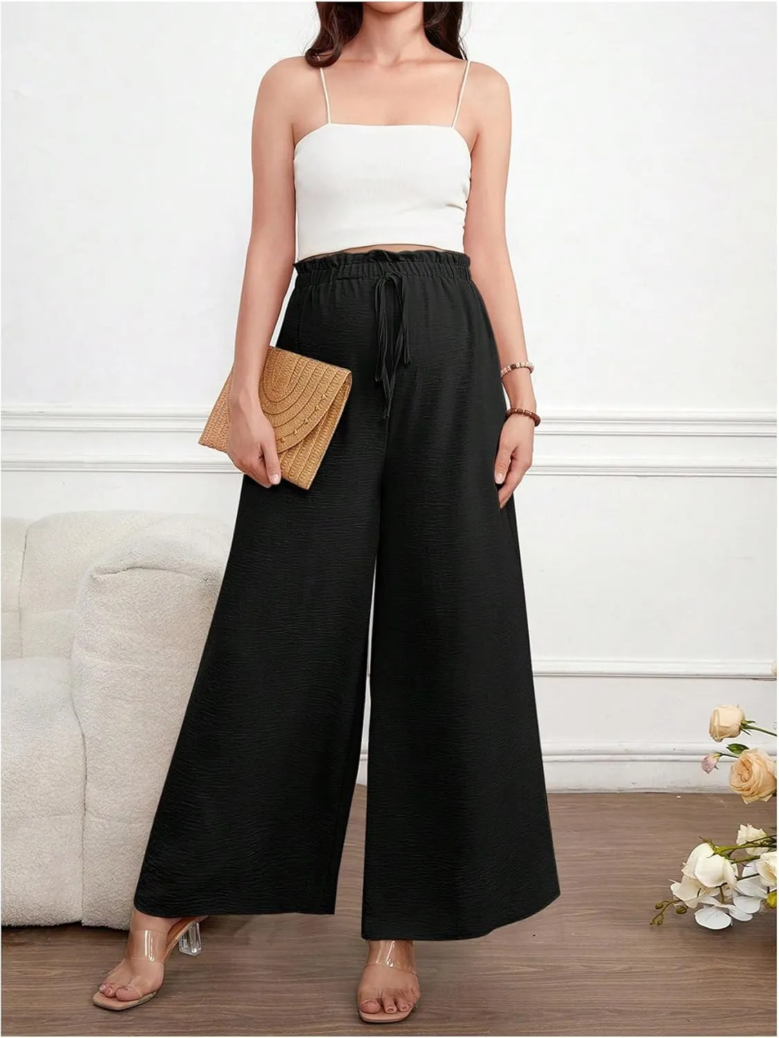 Women's Maternity Elastic High Waist Pants Knot Front Wide Leg Pregnancy Pants