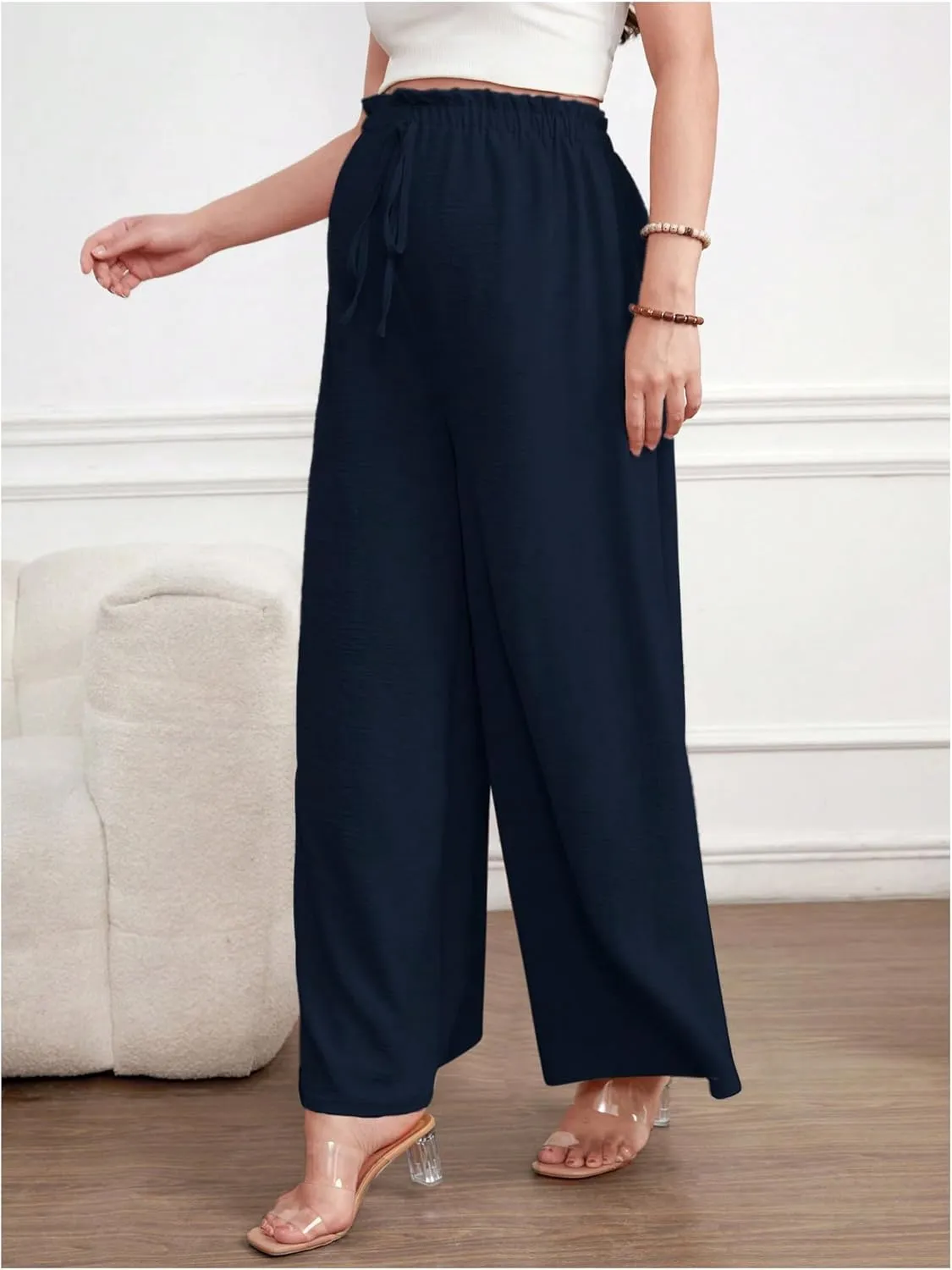 Women's Maternity Elastic High Waist Pants Knot Front Wide Leg Pregnancy Pants