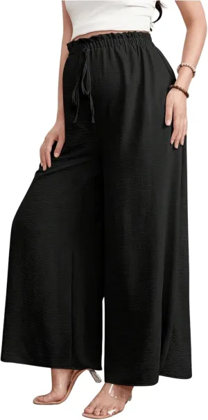Women's Maternity Elastic High Waist Pants Knot Front Wide Leg Pregnancy Pants
