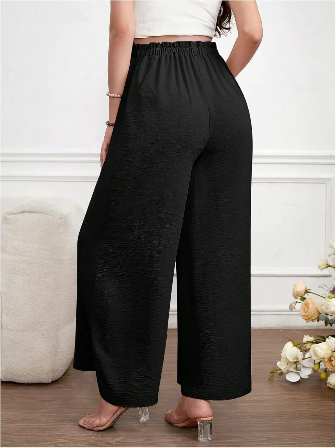 Women's Maternity Elastic High Waist Pants Knot Front Wide Leg Pregnancy Pants