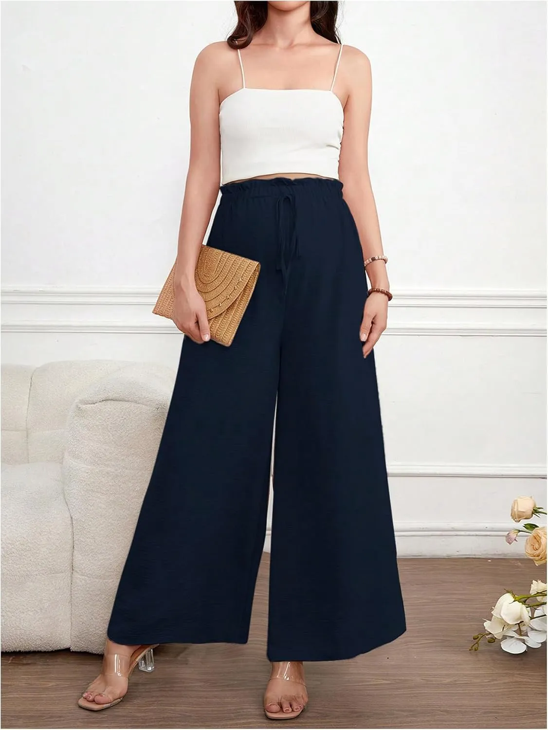 Women's Maternity Elastic High Waist Pants Knot Front Wide Leg Pregnancy Pants