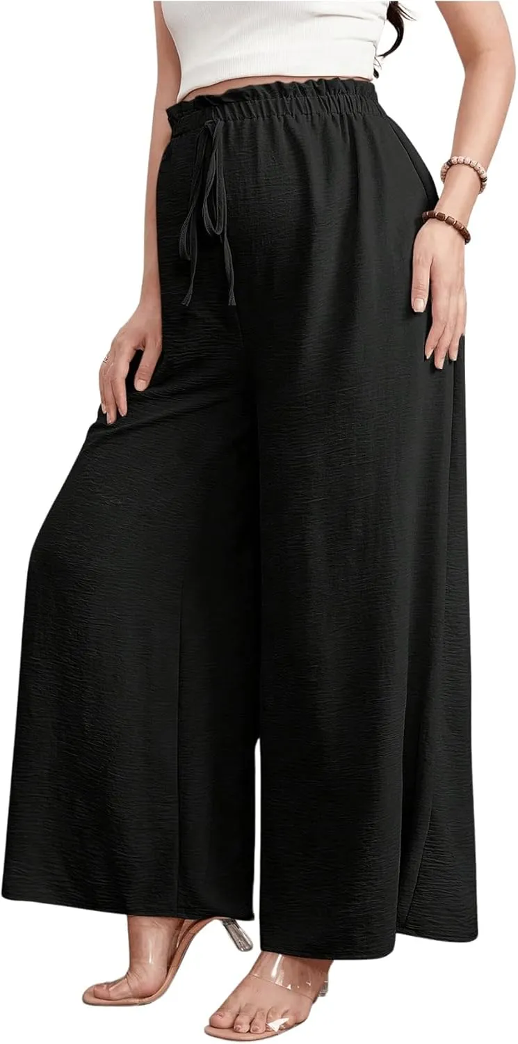 Women's Maternity Elastic High Waist Pants Knot Front Wide Leg Pregnancy Pants