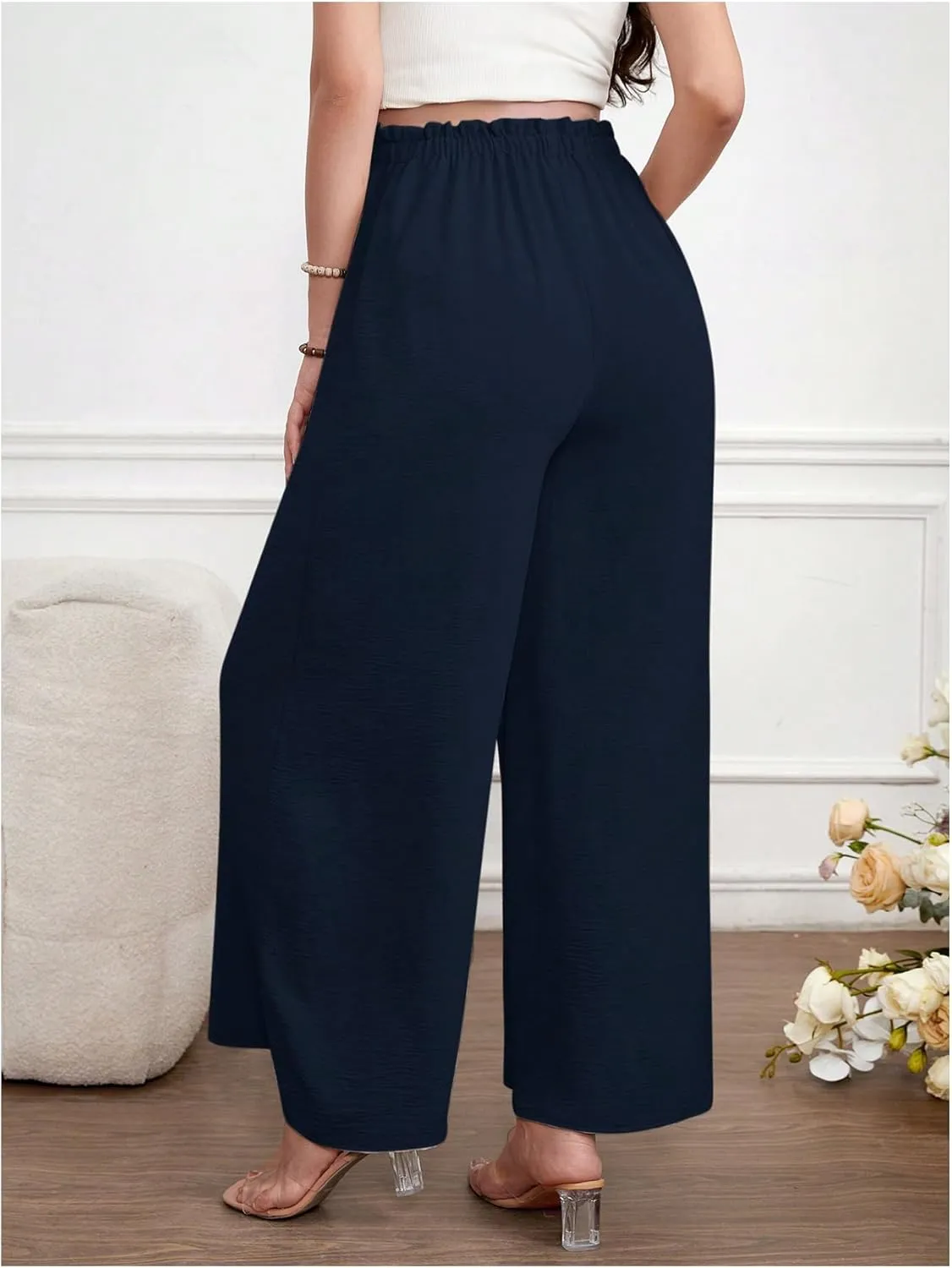 Women's Maternity Elastic High Waist Pants Knot Front Wide Leg Pregnancy Pants