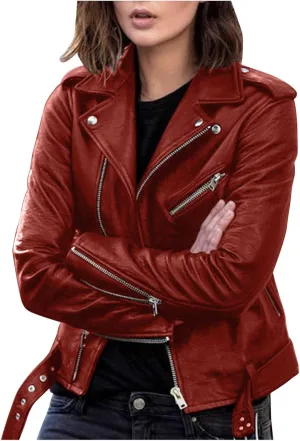 Women's Oversized Fashion Faux Leather Jackets Solid Color Long Sleeve Zipper Fitted Artificial Leather Blazer Coats