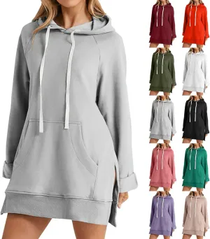 Women's Oversized Hoodie Dress Casual Pullover Long Sleeve Split Hem Sweatshirts Drawstring Hoodies Dress With Pocket