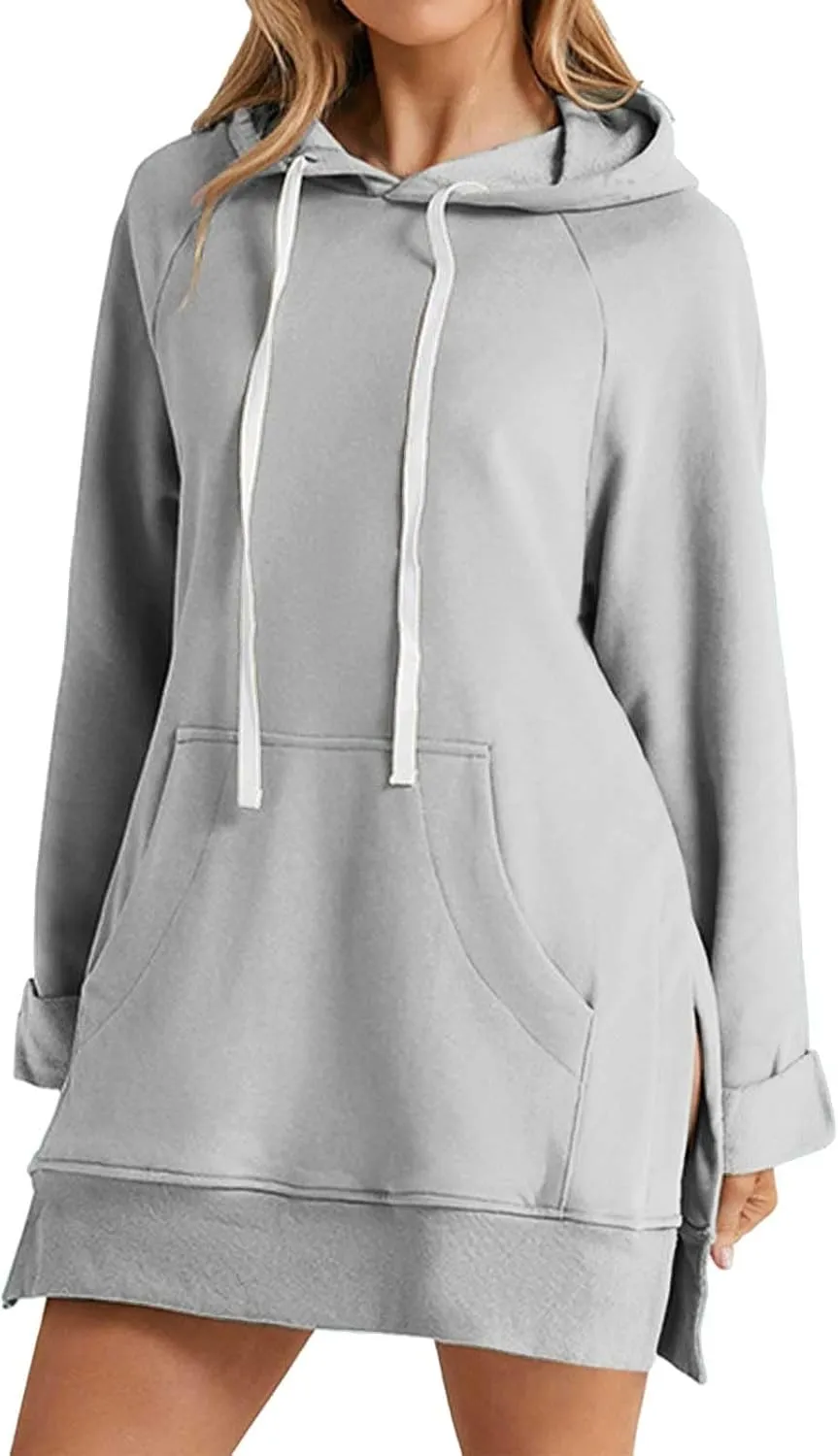 Women's Oversized Hoodie Dress Casual Pullover Long Sleeve Split Hem Sweatshirts Drawstring Hoodies Dress With Pocket